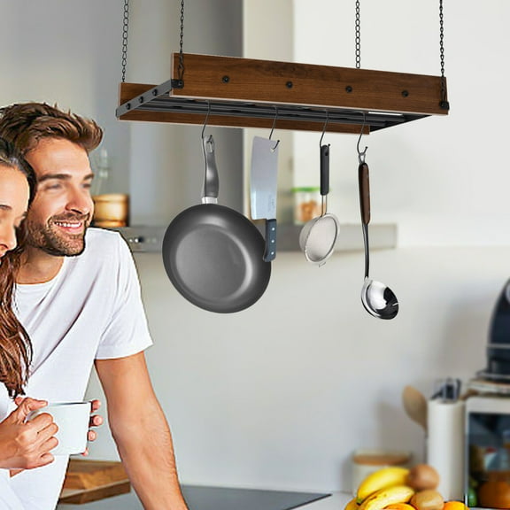 Farmhouse Ceiling Pot Rack with 12 Hooks, Adjustable Chains, and Wood Shelf for Kitchen Storage, Holds 44lbs