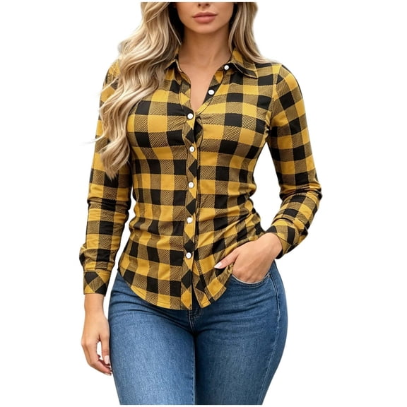Dpjklzsn Women's Plaid Button Down Shirt, Long Sleeve Collared Flannel-Style Blouse for Casual Everyday Outfits