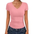 thumbnail image 2 of Lumtrix Women Short Sleeve V Neck Ribbed Knit Fitted Shirts Basic Tees Tops 2026 Summer Casual T-Shirts Going Out Shirts Pink XL, 2 of 6