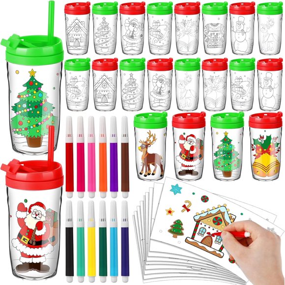16 Sets Christmas Color Your Own Cups 8 oz Christmas Coloring Cup with Lid and Straw DIY Mug Kit Paintable Tumblers with 12 Colorful Pens 16 Paper Inserts for Xmas Gifts Home Party Favors