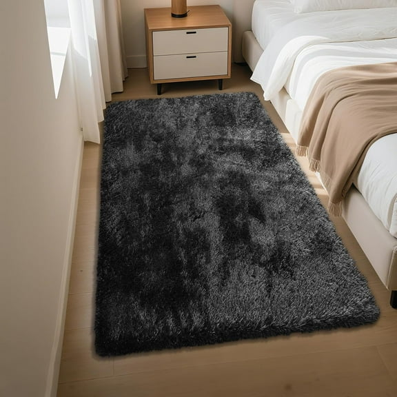 Fluffy Rug Shaggy Area Rug, Black 3x5 Area Rugs for Bedroom, Small Bedside Rug, Soft Fluffy Shaggy Entryway Throw Rugs for Living Room Bedroom Kids Room Home Decor