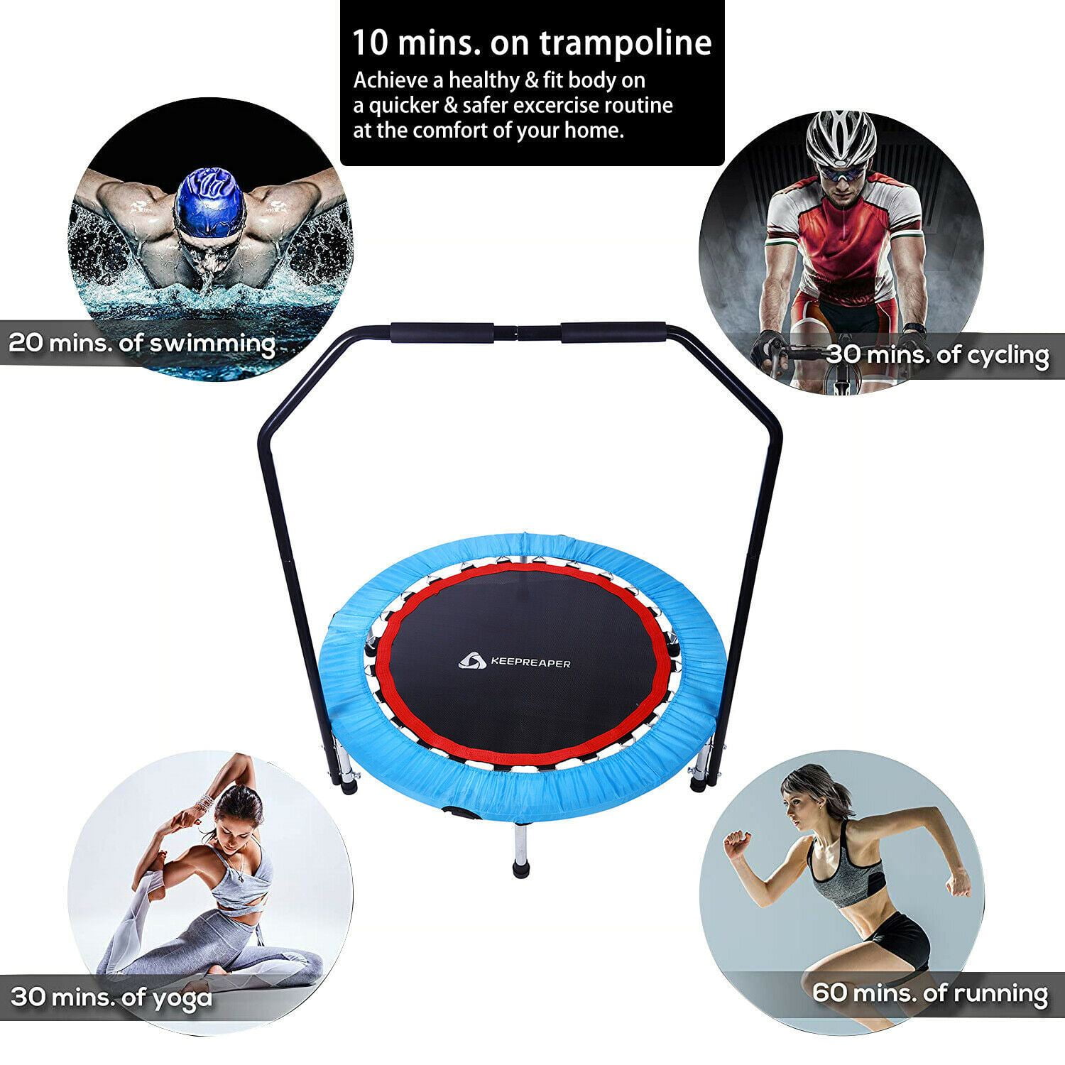 40" Fitness Handrail Trampoline Adults Kid Jumping Exercise Aerobic Bouncer Blue 