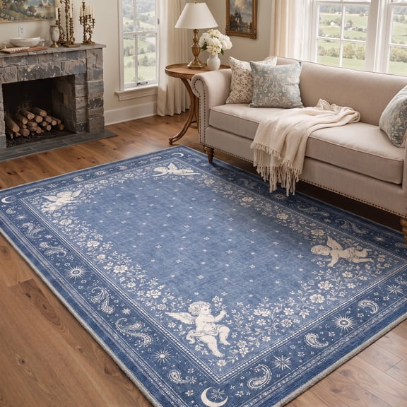 KUETH 5x7 Soft Botanical Rug for Living Room, Machine Washable Low Pile Non Slip Backing Area Rug, Dusty Blue Rug for Bedroom Dining