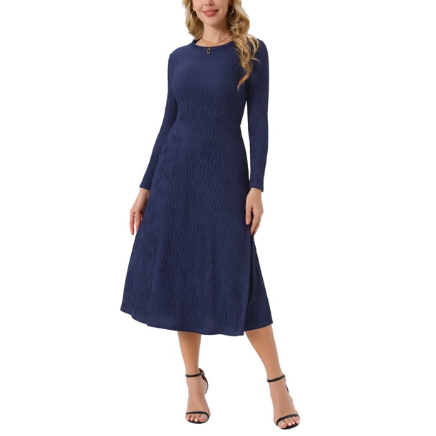 INSPIRAR CHIC Vestidos de Otoño para Mujeres de Manga Larga Cuello Redondo Tejido A-Line Vestido Midi Casual XL Azul Oscuro