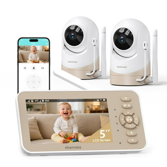 ebemate Video Baby Monitor Camera with Two Camera, 5" LCD Screen Video & Audio No Glow Night Vision,2-Way Talk Audio Cam Baby Monitoring 1500FT Range EBE50P-2