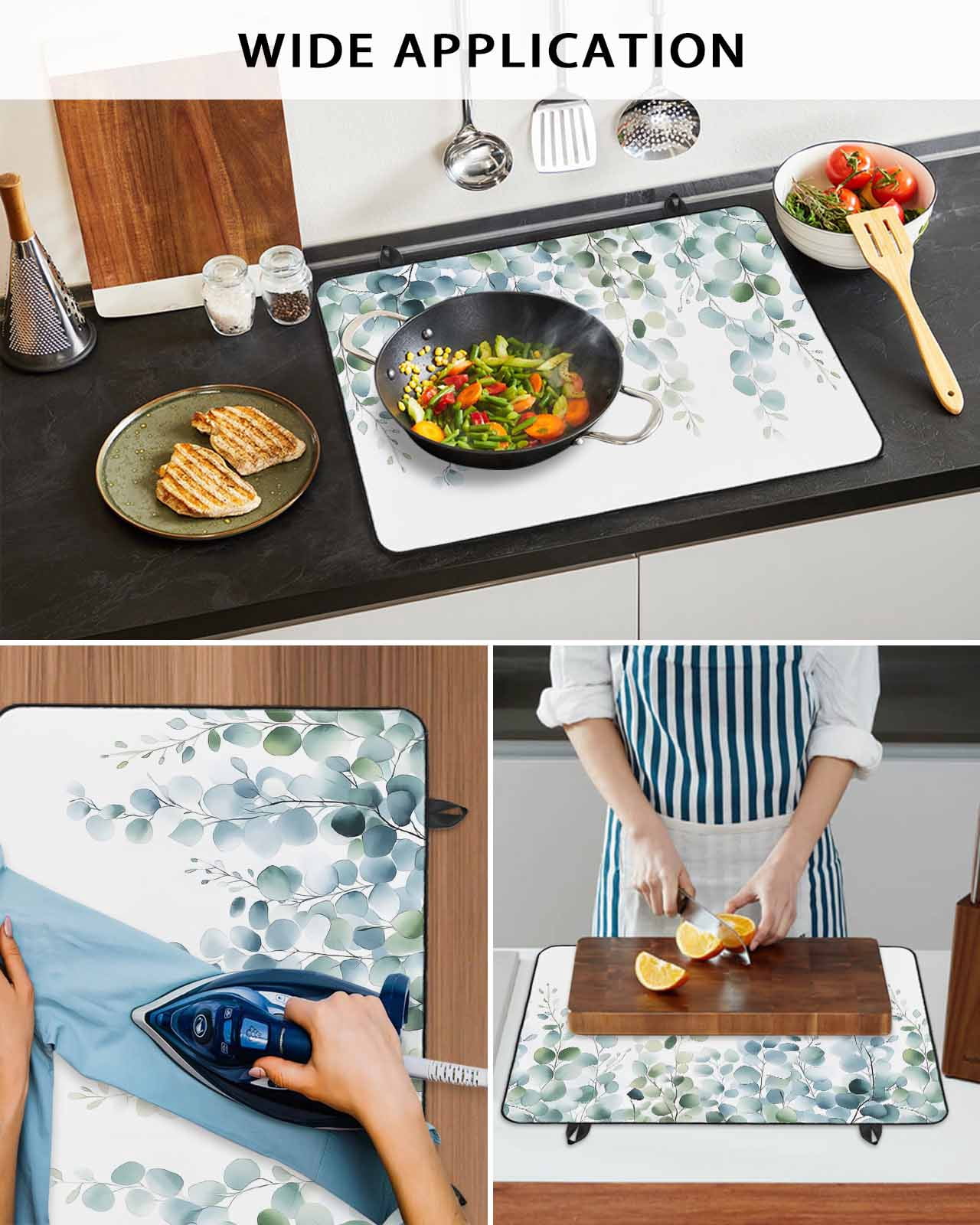 nqOlkjepod Large Induction Cooktop Protector Mat 36"x21", Teal Green Eucalyptus Leaves Stove Top Covers for Electric Stove, Farmhouse Botanical Stove Burner Cover Mats, Glass Top Stove Cover