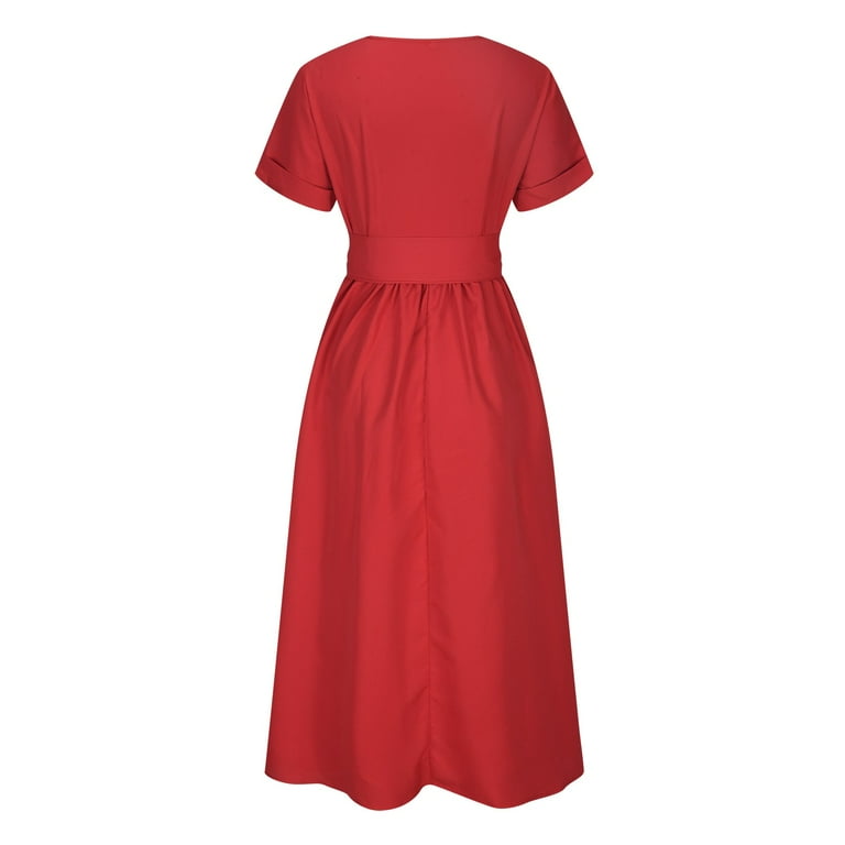 womens red fit and flare dress Smihono Savings Women's Casual 1950s Style Belted Fit Vintage Flare Dress with Pockets Short Sleeve Round-Neck Dress for Women Red XL