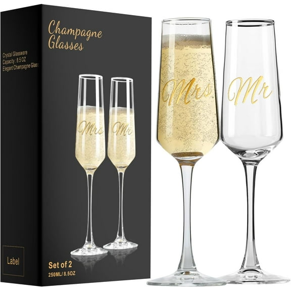 Mr and Mrs Wedding Champagne Flutes Set of 2, Bride and Groom Champagne Glasses, Bridal Shower Gifts, Engagement Gift, 8.5oz/250ml