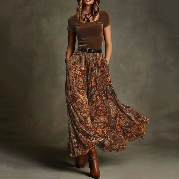Warop Plus Size Paisley Print Maxi Skirt for Women Belted Boho High Waist Long Skirt Summer Vacation Swing Dress