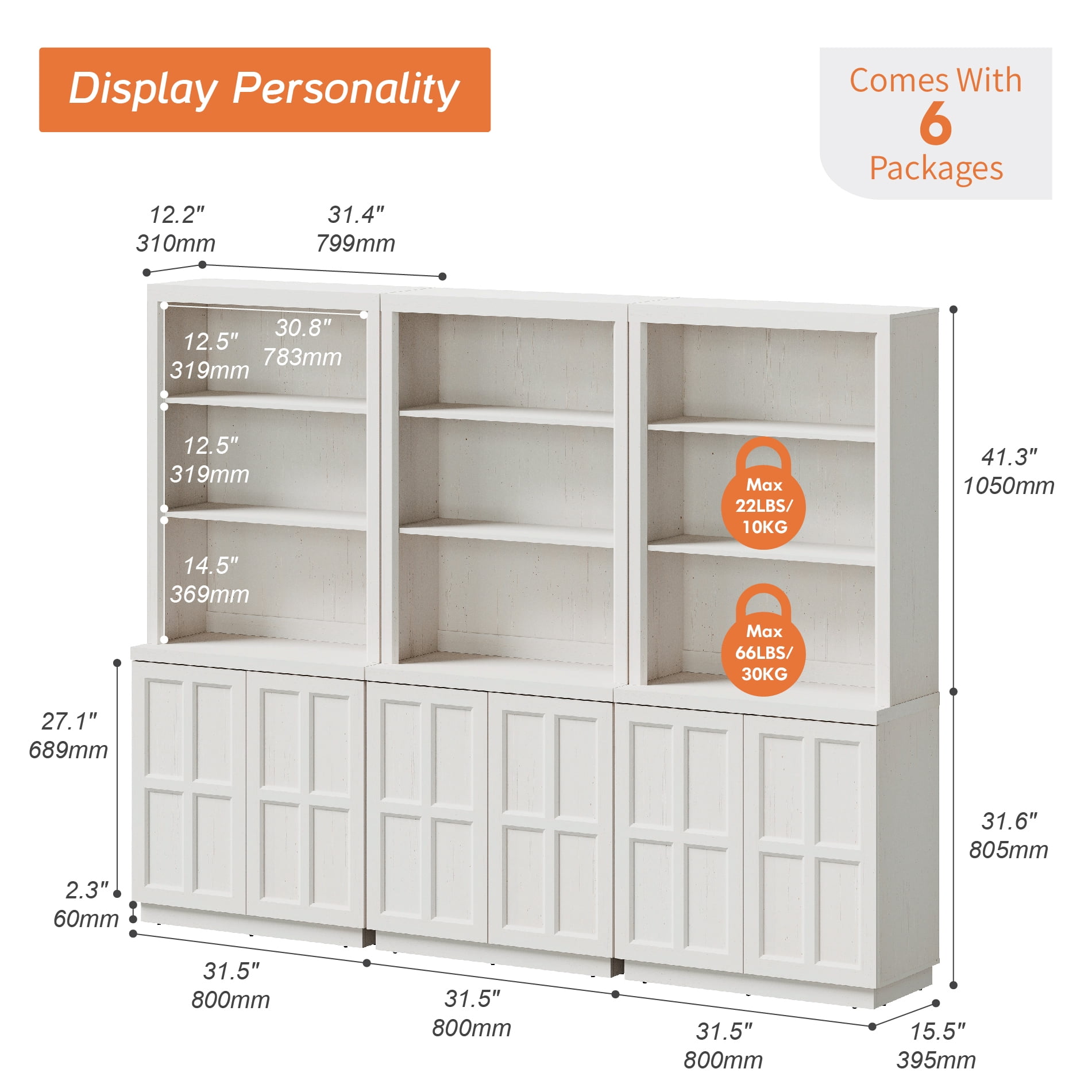 HOMOOI 3-in-1 Freestanding Pantry Cabinet, Boho Rustic Hutch with Open Display Shelves & Adjustable Inner Shelves, Anti-Wobble Wooden Storage Organizer for Kitchen, Dining Room, Entryway,White