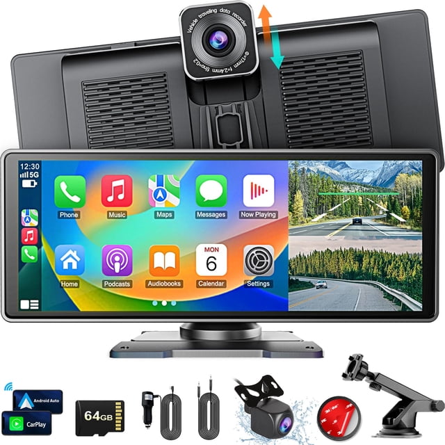 Flgocexs Estéreo inalámbrico CarPlay para Apple, pantalla automática CarPlay y Android de 10,26 pulgadas para coche, con cámara de marcha atrás, cámara de salpicadero de 2,5 K, Bluetooth/FM, control d