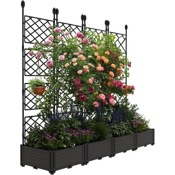 Tzou 4-Piece Trellis Planter Set - 63" H Raised Garden Bed w/Privacy Screens | Stackable Planters for Climbing Plants | Outdoor Patio & Balcony Privacy Screen (Black)