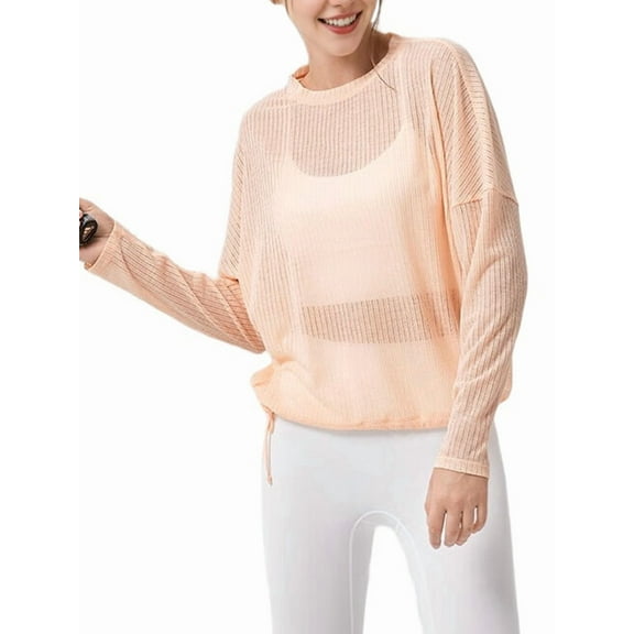 Womens Sheer Long Sleeve Mesh Top Crewneck Long Sleeve Loose See Through Workout Shirt Blouse Orange Pink S
