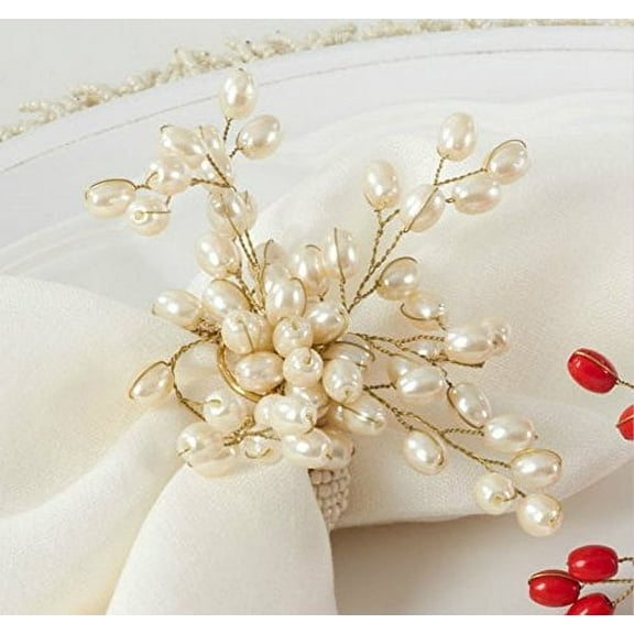 Flower Beaded Design Napkin Rings, SET of 4 (Vanilla)