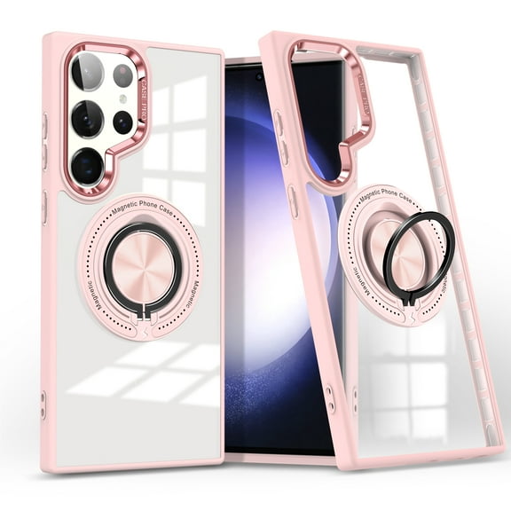 Allytechgroup Mangetic Case for Samsung Galaxy S25 Ultra with 360° Rotatable Ring Holder Kickstand, [Include 1 Pack Screen Protector] [Compatible with MagSafe] [Non-Yellowing] Shockproof Case, Pink