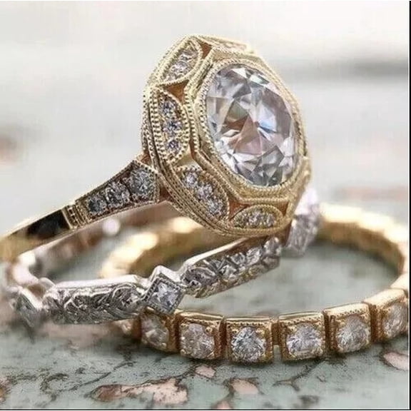 3Ct Round Cut Lab Created Diamond Trio Wedding Ring Set 14K Yellow Gold Plated Silver