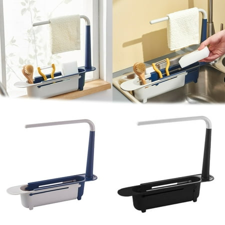 

Telescopic Kitchen Over Sink Organizer with Towel Hanger Expandable Slim Drain Basket Multifunctional Caddy Adjustable Length Colander Rack Sponge Holder Storage Tray for Home Bathroom