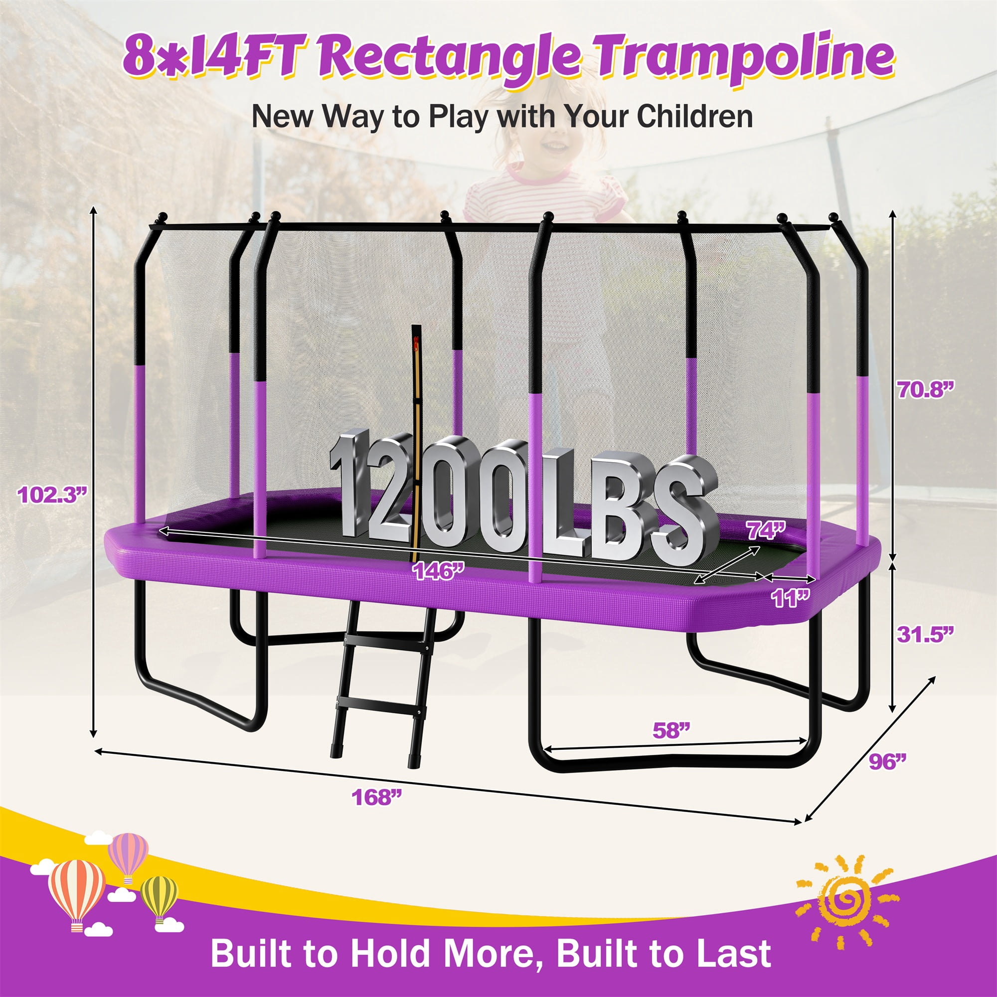 Alvantor 8x14 ft Rectangle Trampoline for Kids, Outdoor Trampolines with Enclosure Net for Gymnastics Purple