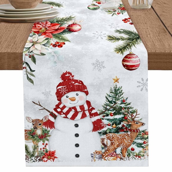 nqOlkjepod Grey Christmas Table Runner 60 Inches Long Farmhouse Dress Scarves, Snowman Xmas Tree Elk Poinsettia Eucalyptus Dining Tablerunner for Coffee Table/Kitchen Island/Party Décor, 13" x 60"