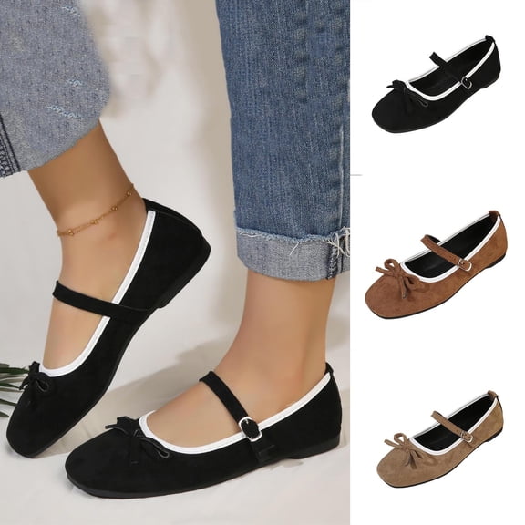 Miqool Womens Mary Jane Flats Bowknot Flat Shoes Flock Round Toe Soft Sole Slip On Loafers Indoor Outdoor Comfortable Shoes