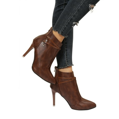 

CaComMARK PI Womens PU Leather Ankle Booties Pointed Toe Thin High Heels Boots Fall Winter Dress Zipper Short Boot Shoes clearance items