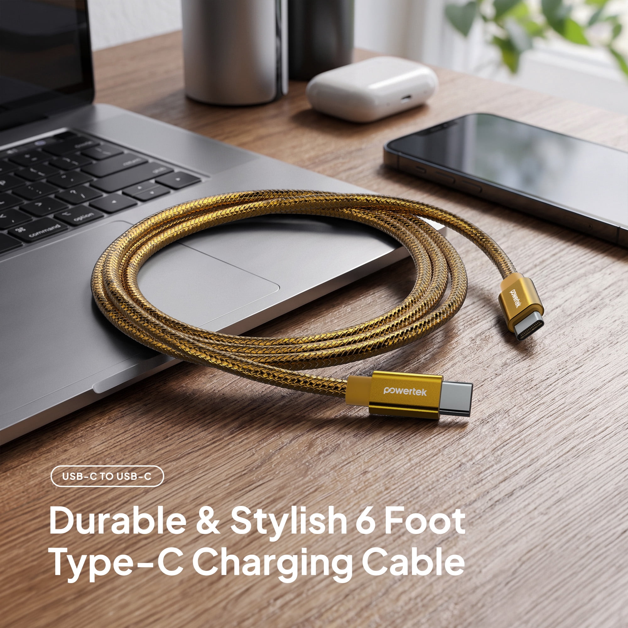 Powertek Luxe 6ft USB-C to USB-C Cable, Gold, Fast Charge & Sync, Metallic Mesh PVC Jacket, Durable Tangle-Free Design