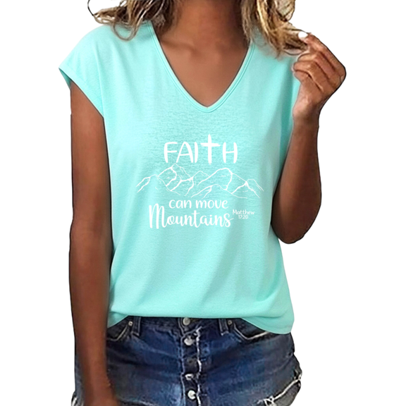 UNISHE Women's Faith Can Move Mountains Christian Graphic V-Neck Short Sleeve T-Shirt Religious Tee