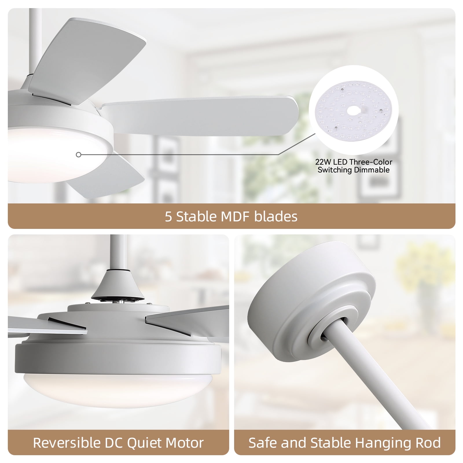 Sofucor Ceiling Fan 42 inch 5 Blade Modern Ceiling Fan With Light and Remote Control，White