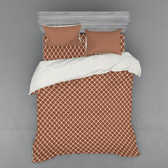 Ambesonne Retro Bedding Set 4 Pcs, Chevron Scrolls, Queen, Dark Orange Sand Brown