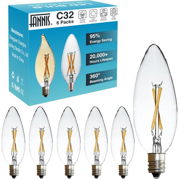 6 Pack B10 C32 LED Edison Bulb, 25 Watt Equivalent, E12 Base, CRI 85-90 2700K Warm White, Vintage Clear Glass Candle Sharp Bulb for Crystal Chandelier, Pendant & Ceiling Fan