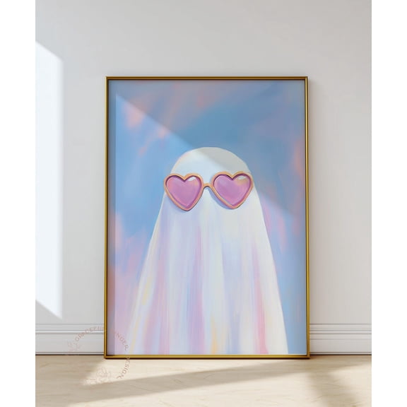 Pastel Ghost Spooky Halloween With Heart Sunglasses Wall Art Print, Seasonal Living Room And Home Decor