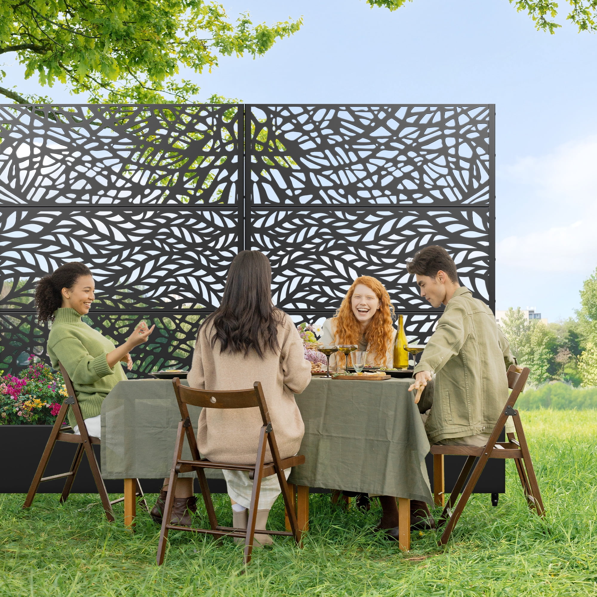 MAYEERTY 47*16*72" Outdoor Black Metal Planter Box with Trellis for Climbing Plants, Leafy & Vine Pattern Panel