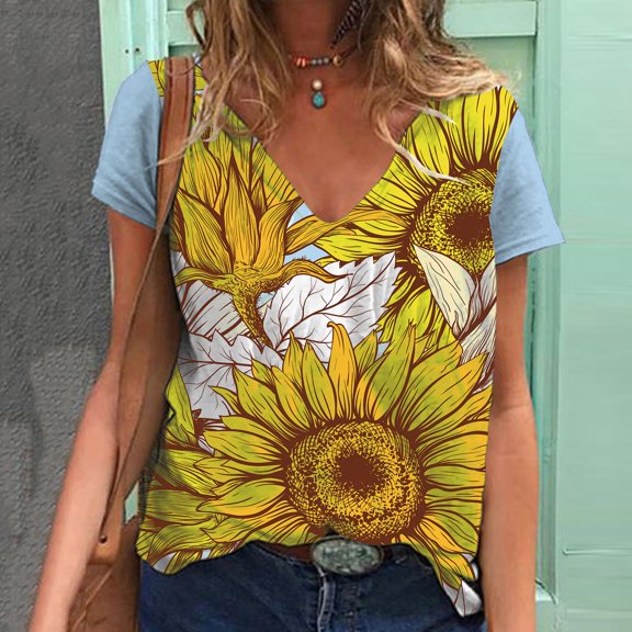 Aayomet Workout Tops For Women Women's T Shirts Short Sleeve Casual Tops Loose V Neck Shirts Blouse Tunic Tee Top,Yellow S