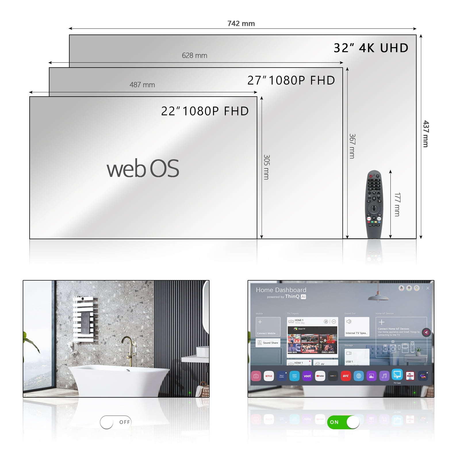Elecsung 32 inch Smart 4K TV Mirror for Bathroom webOS IP65 Waterproof WiFi Bluetooth Voice Control Spa Built-in Alexa