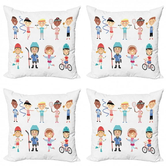 Sports Throw Pillow Cushion Case Pack of 4, Hockey Player Roller Skating Girl Fitness Gymnastics Game Hobby Baby Cartoon, Modern Accent Double-Sided Print, 4 Sizes, Multicolor, by Ambesonne