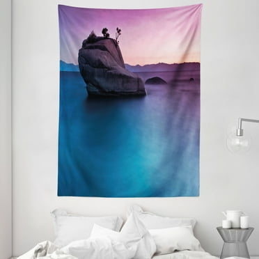 Nature Tapestry, Bonsai Rock in Lake Tahoe Tropical Surreal Scenery Exotic Vivid Colors Artwork, Wall Hanging for Bedroom Living Room Dorm Decor, 60W X 80L Inches, Purple Grey Blue, by Ambesonne