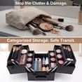 thumbnail image 3 of Makeup Train Case, 14 Inch Lockable Cosmetic Organizer Box, Professional Large Makeup Case with 6 Adjustable Trays, Spacious Bottom Compartment, Shoulder Strap, Black, 3 of 9