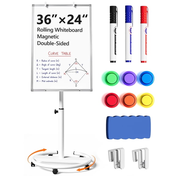 TACWILY 36x24 inch Rolling Whiteboard, Height Adjustable Magnetic Dry Erase Board with Circular Stand on Wheels
