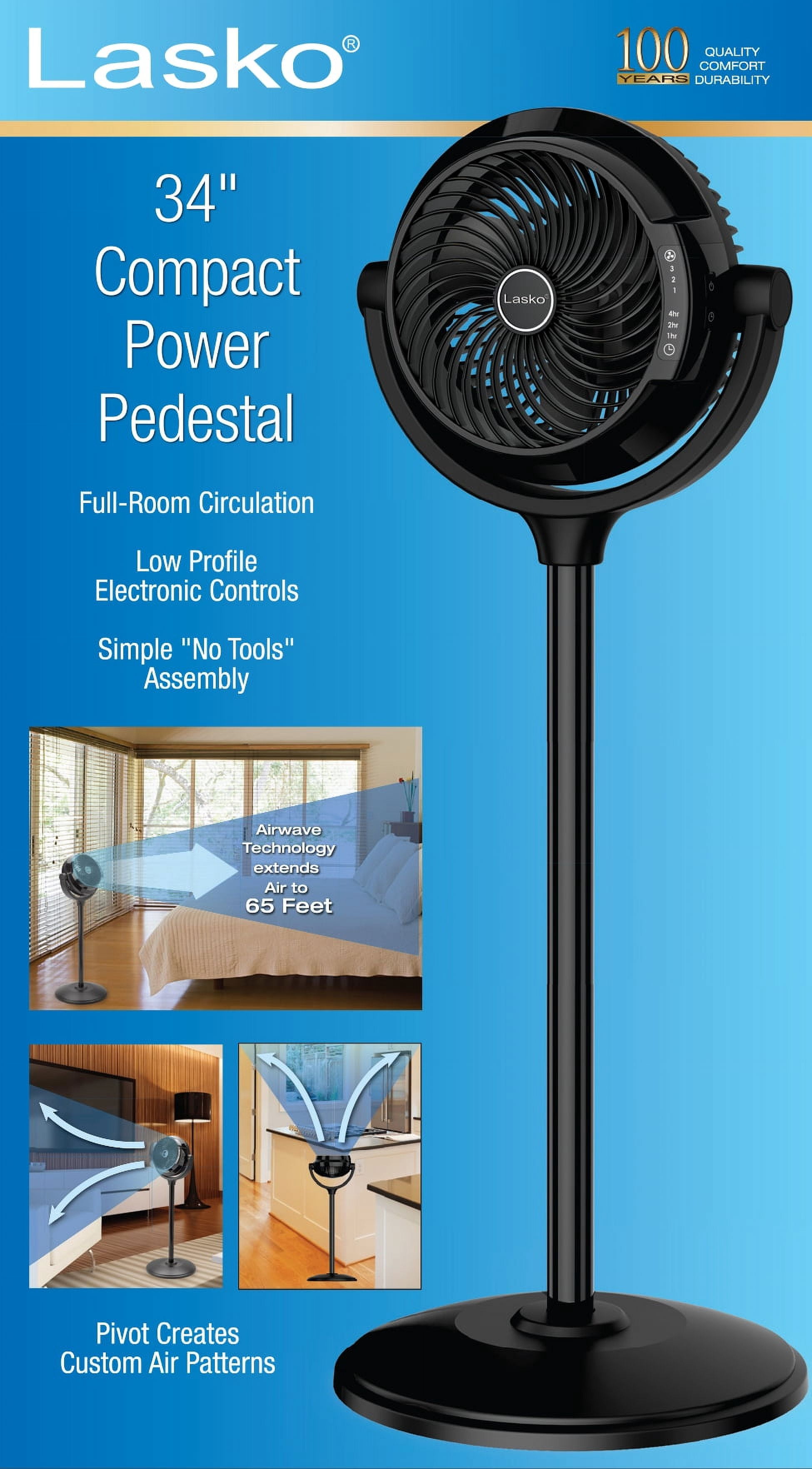 Lasko 34 Compact Power Pedestal Fan with Timer, S08590, Black - Walmart.com