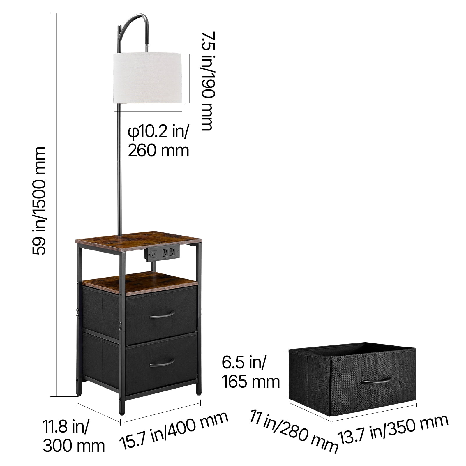 VEVOR Floor Lamp with Table, 2-Tier End Table with 2 Drawers and 3 Color Temperature Lighting, Modern Side Nightstand Bedside Desk with USB & Type C & AC Charging Port for Living Room, Bedroom, Dorm
