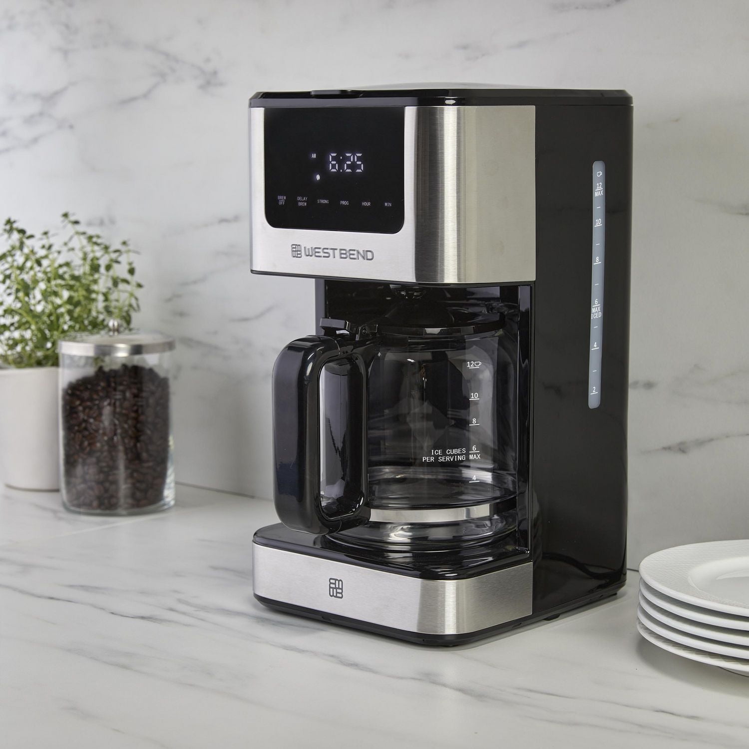 West Bend 12 Cup Hot & Iced Coffee Maker, in Stainless Steel (CMWB12BK13)