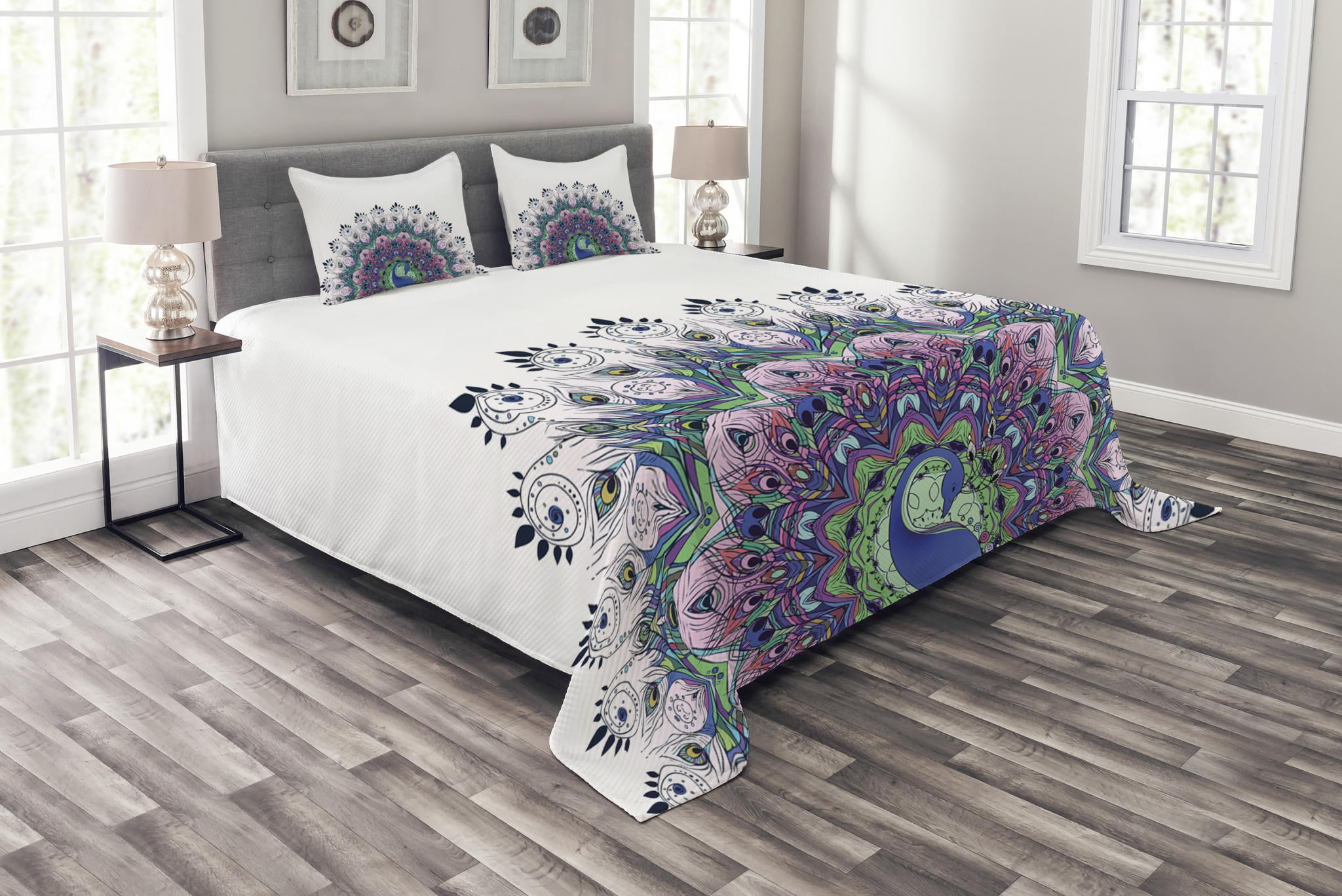 Peacock Quilted Bedspread & Pillow Shams Set Exotic Animal Feathers Print 