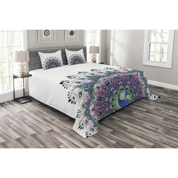 Peacock Bedspread Set, Peacock Illustration Exotic Wildlife Feather