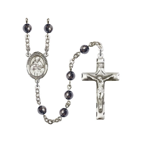 St. Gabriel Possenti Silver-Plated Rosary 6mm Hematite Beads Crucifix Size 1 3/4 x 1 medal charm