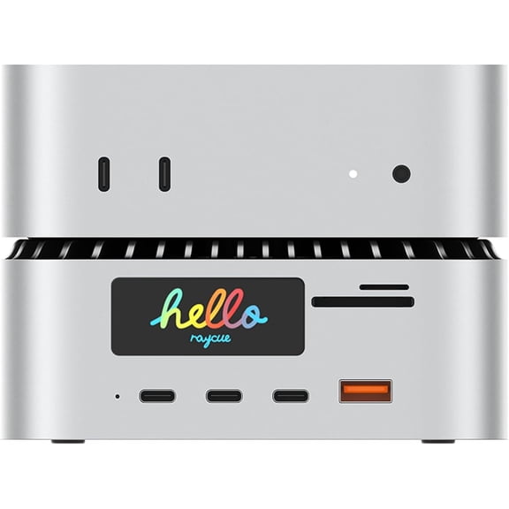 Restored RayCue All-in-One Charger Dock for Mac Mini M6, M5 Pro, M4, Aluminum Mac mini M4 Dock Hub Stand with 8TB NVMe/SATA SSD Enclosure,165W Power Delivery, 4K60Hz HDMI,, SD/TF 4.0, 10G USB A/C