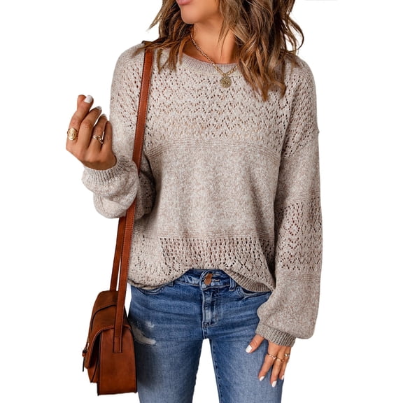 Eytino Womens Sweaters Casual Long Sleeve Crewneck Lightweight Crochet Pullover Sweater Tops Beige L