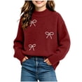 thumbnail image 3 of Wilark Girls Crew Neck Sweaters Size 6, Long Sleeve Knitted Casual Thermal Fall Winter Tops Red, 3 of 7
