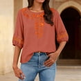 thumbnail image 5 of BODOAO Cotton Linen Tops for Women Retro Embroidered Tops Crew Neck Tops Beach Casual Summer Tops Fashion Outfits Solid Color Shirt Peasant Blouses Office Blouses Business Work Blouses Flowy Shirt, 5 of 8