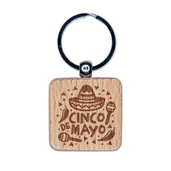 Cinco De Mayo with Sombrero Maracas Square Keychain Charm Tag - Engraved Wood