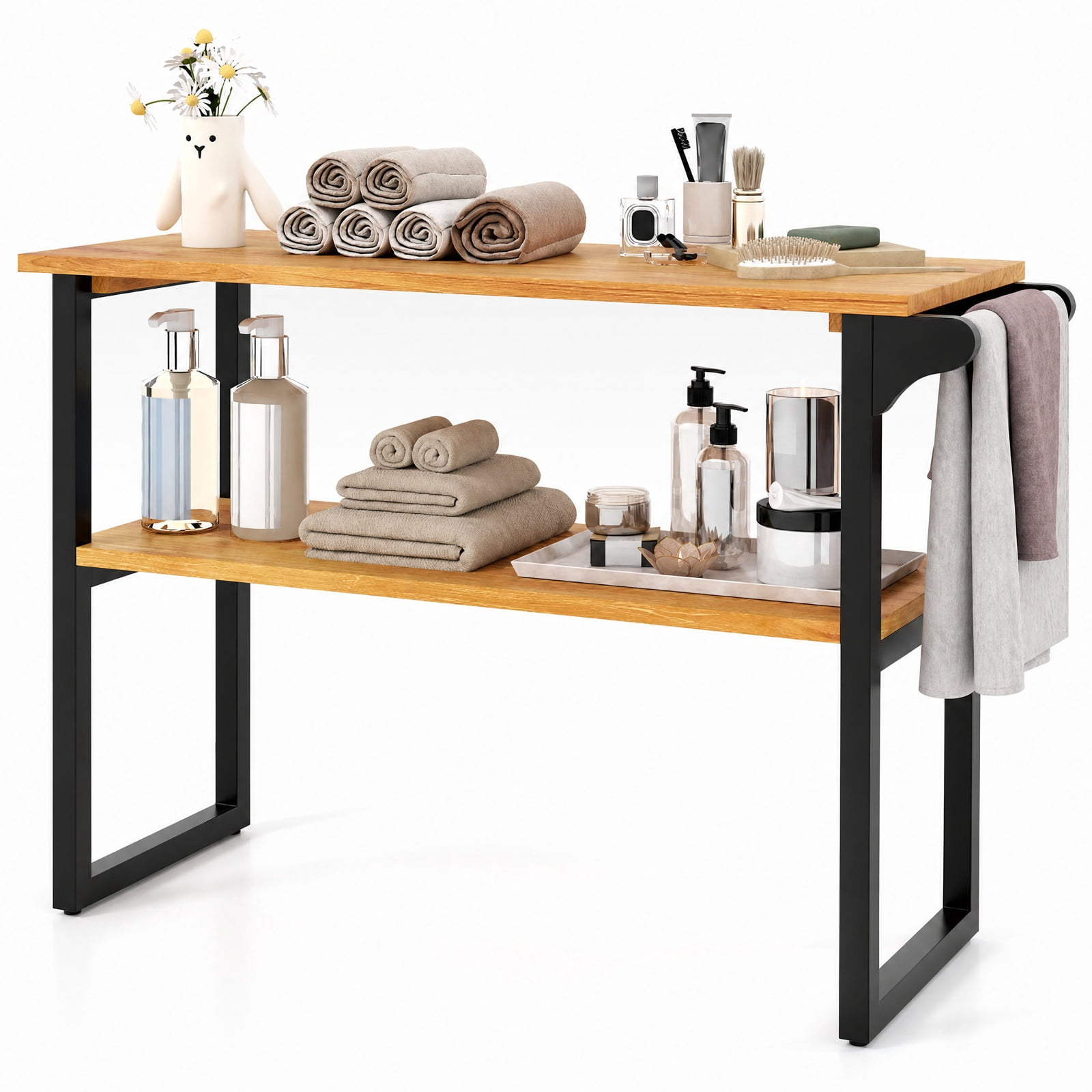 Vebreda Bathroom Towel Rack, 2-Tier Solid Teak Wood Bathroom Shelf with Towel Rack, Solid Wood Construction, 2-Tier Spacious Space
